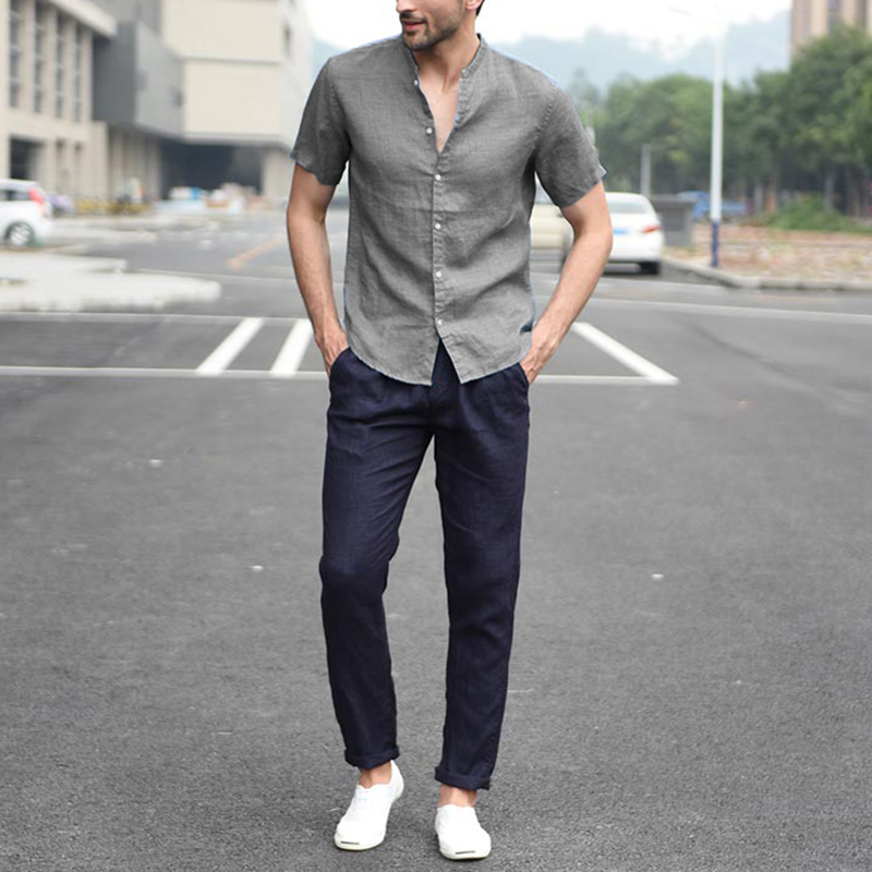 mens short sleeve collarless dress shirts