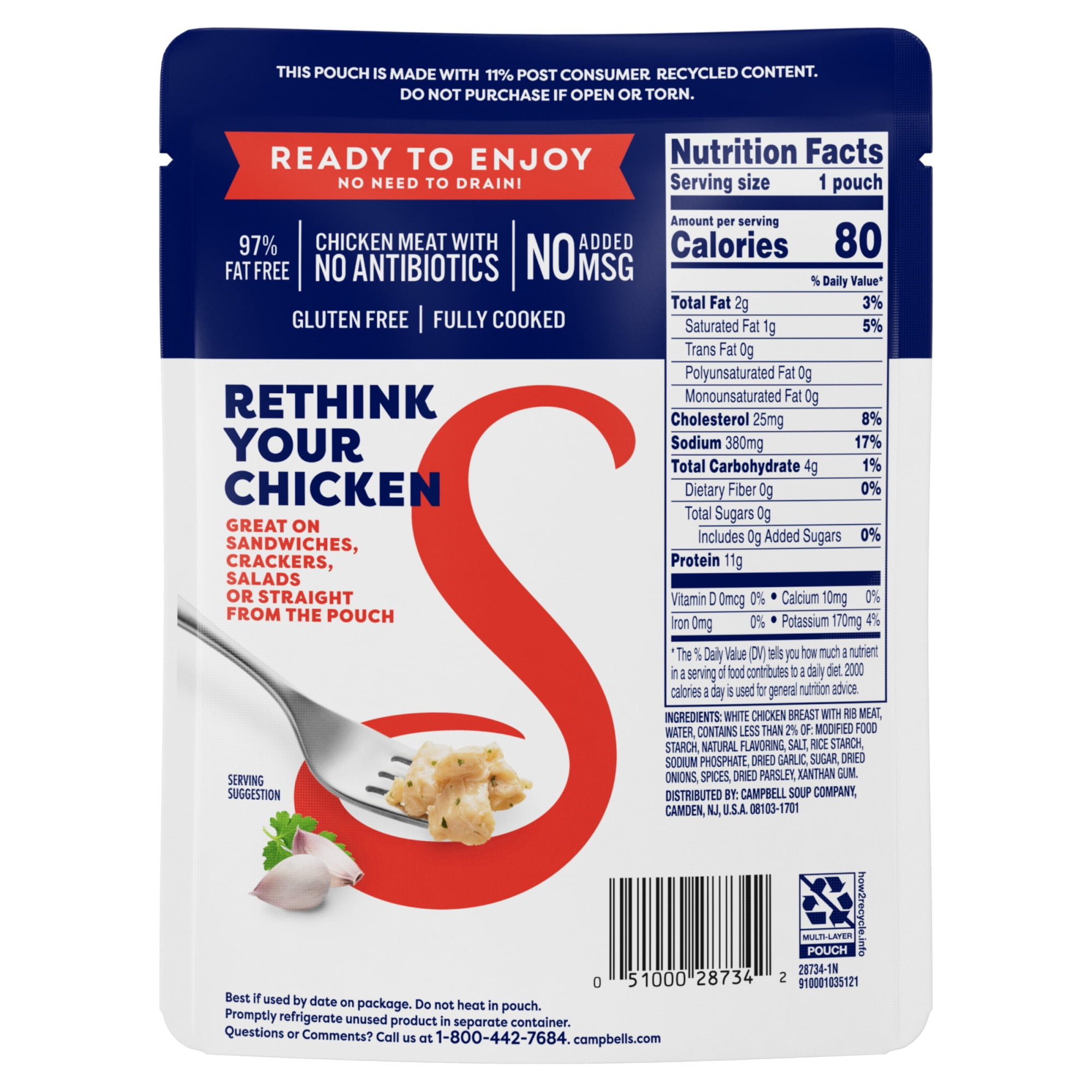 (12 pack) Swanson Garlic and Herbs White Chunk Fully Cooked Chicken, Ready to Eat, Simple on-the-Go Meals, 2.6 oz Pouch