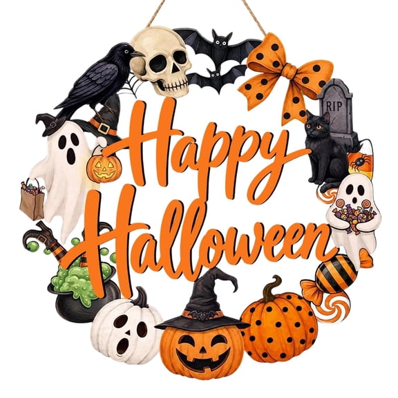 Happy Halloween Door Hanger Sign with Skull, Bat, Ghost and Pumpkin Motifs, 1 Piece, Multi-Color, for Front Porch Entrance, Halloween Front Door Decor