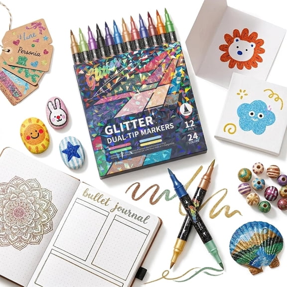 Color Glitter Effect Brush Marker Set, Dual Tip Metallic Shimmer Pens with Brush & Fine Tip for Coloring, Card Making & Art Projects