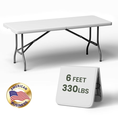 T-SKR 6ft Folding Table, Sturdy 330lb Cap, Reinforced Steel Legs, Foldable with Safety Lock, Portable for Parties, Picnics, Weddings, Camping, 1 Pack