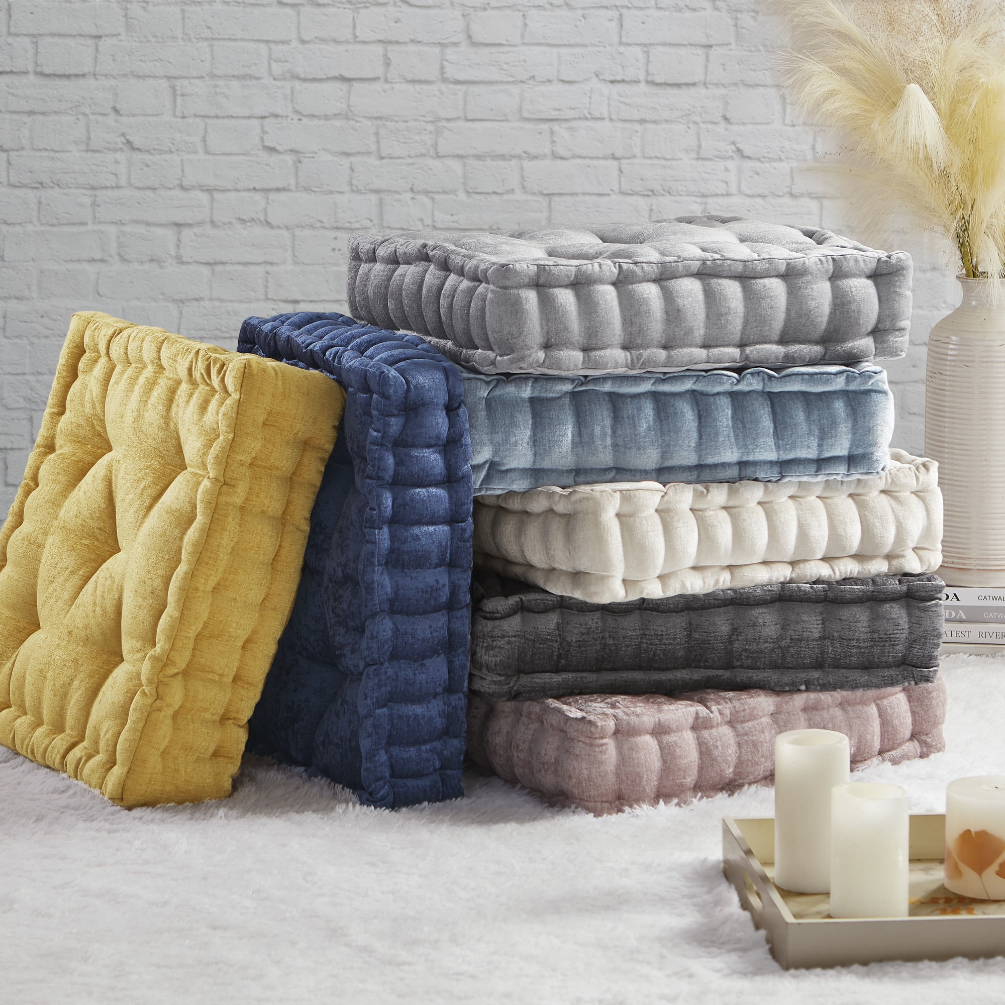 20x20 Inch Tufted Chenille Floor Cushion Pillow, Scalloped Edge Textured Polyester Square Throw Pillow with Hypoallergenic Polyester Filling, Vacuum Compressed Pack for Sofa Bedroom Home Decor