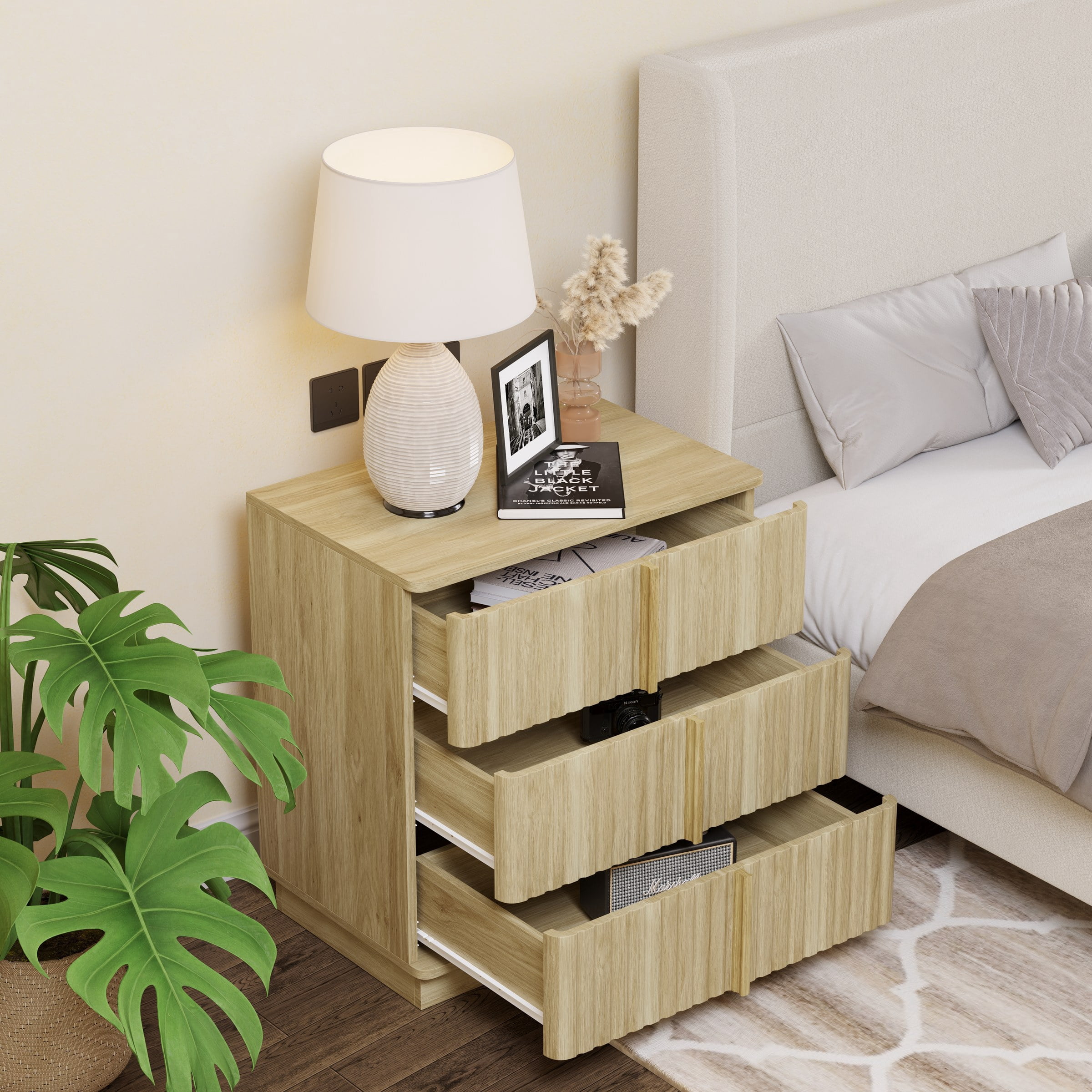 25.39"Vertical Stripe Vintage 3 Drawer Nightstand Cost-Effective Retro Cabinet Furniture Modern Coffee Table,Suitable for Bedroom,Living Room and Home Office