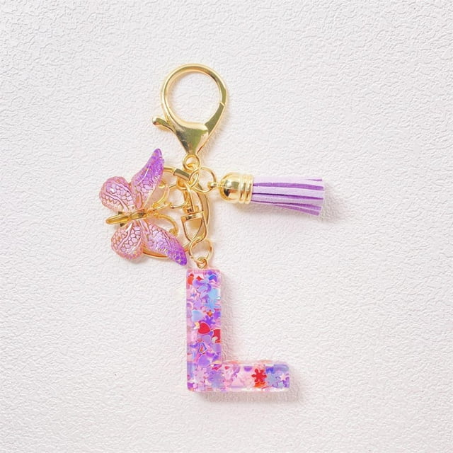 Feltree Initial Letter Keychains for Women Tassel Purple Cute Car Keychain for Wallet Backpack Bag