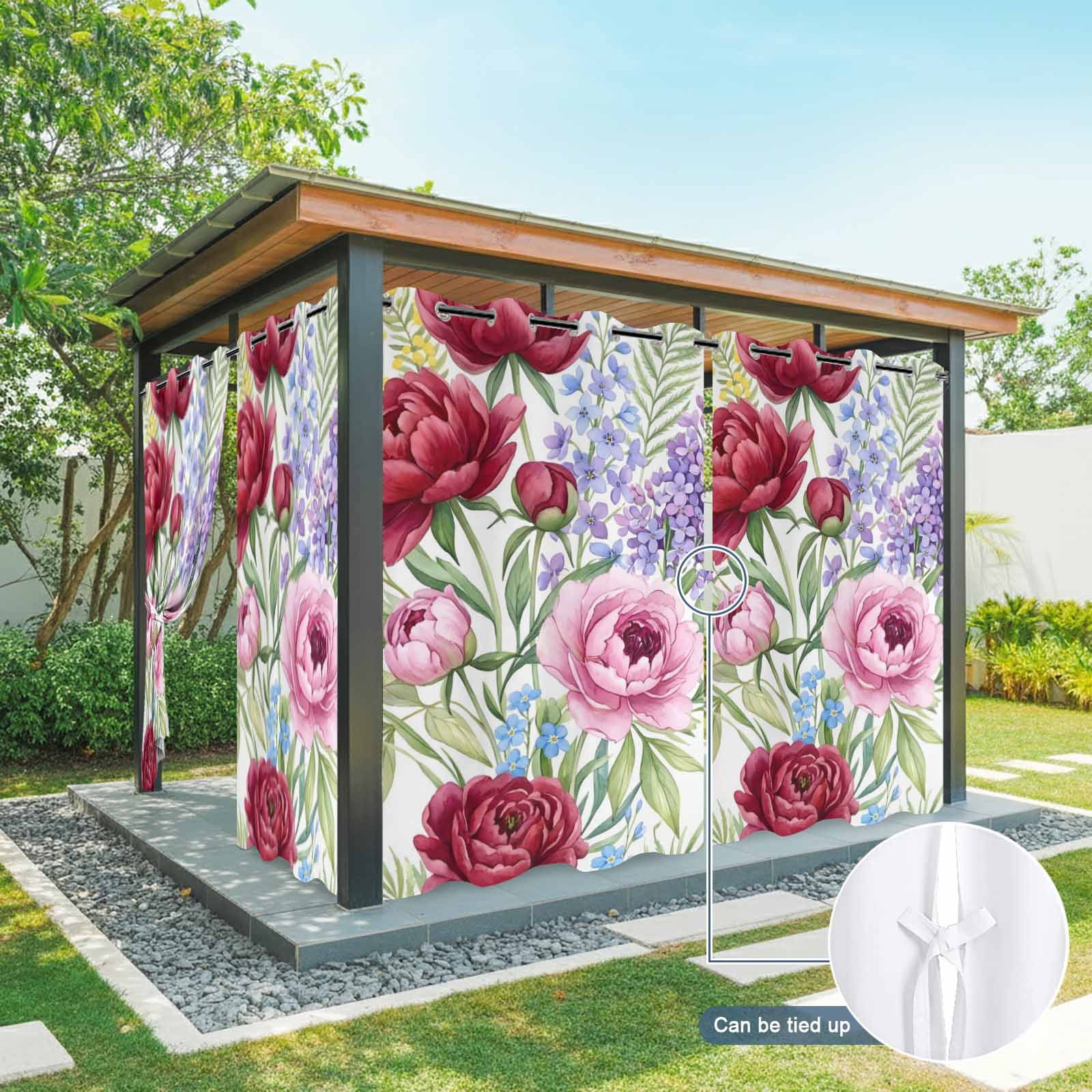 Pink Red Floral Outdoor Curtains for Patio, Country Watercolor Pink Purple Red Flowers Sunshade Privacy Drapes Grommet Waterproof Outside Curtains for Porch/Cabana/Balcony 54"x 108", 1 Panel
