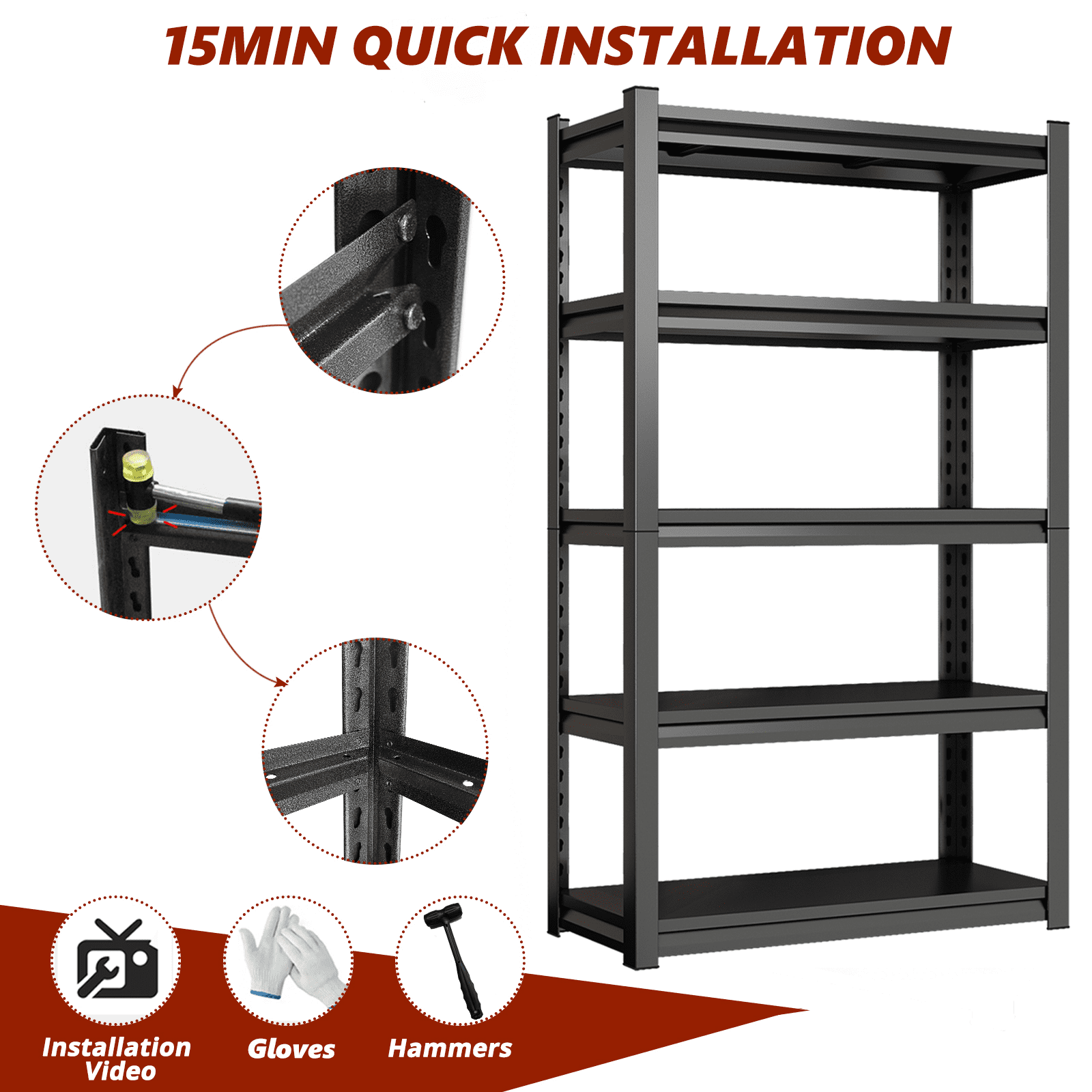 5-Tier Metal Storage Shelving, Industrial Utility Rack, Adjustable Height Bookcase for Living Room, Office, Garage, Supermarket, Gym, 71.20''H x 39.37''W x 13.78''D, Black, Assembly Required