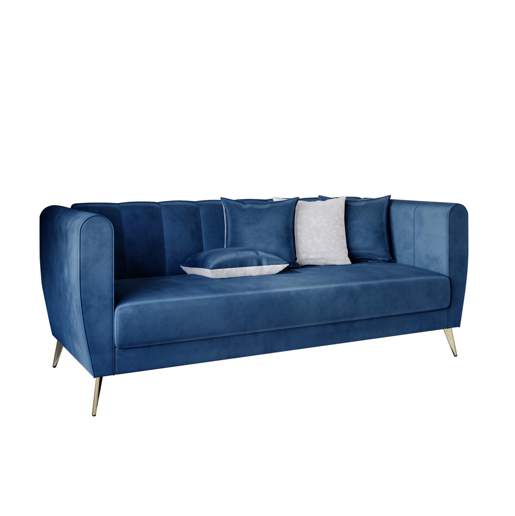 Home Design Scarlett Velvet Flared Arm 3-Seater Sofa with 4 Throw Pillows, Vertical Channel Tufting and Metal Legs, Modern Luxury, Blue