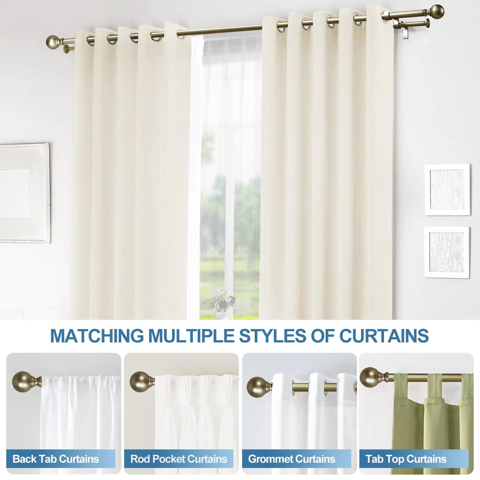 Urbanest Adjustable Double Curtain Rod Set Metal with Decorative Ball Finials, Heavy-Duty, 28"-48", Antique Gold