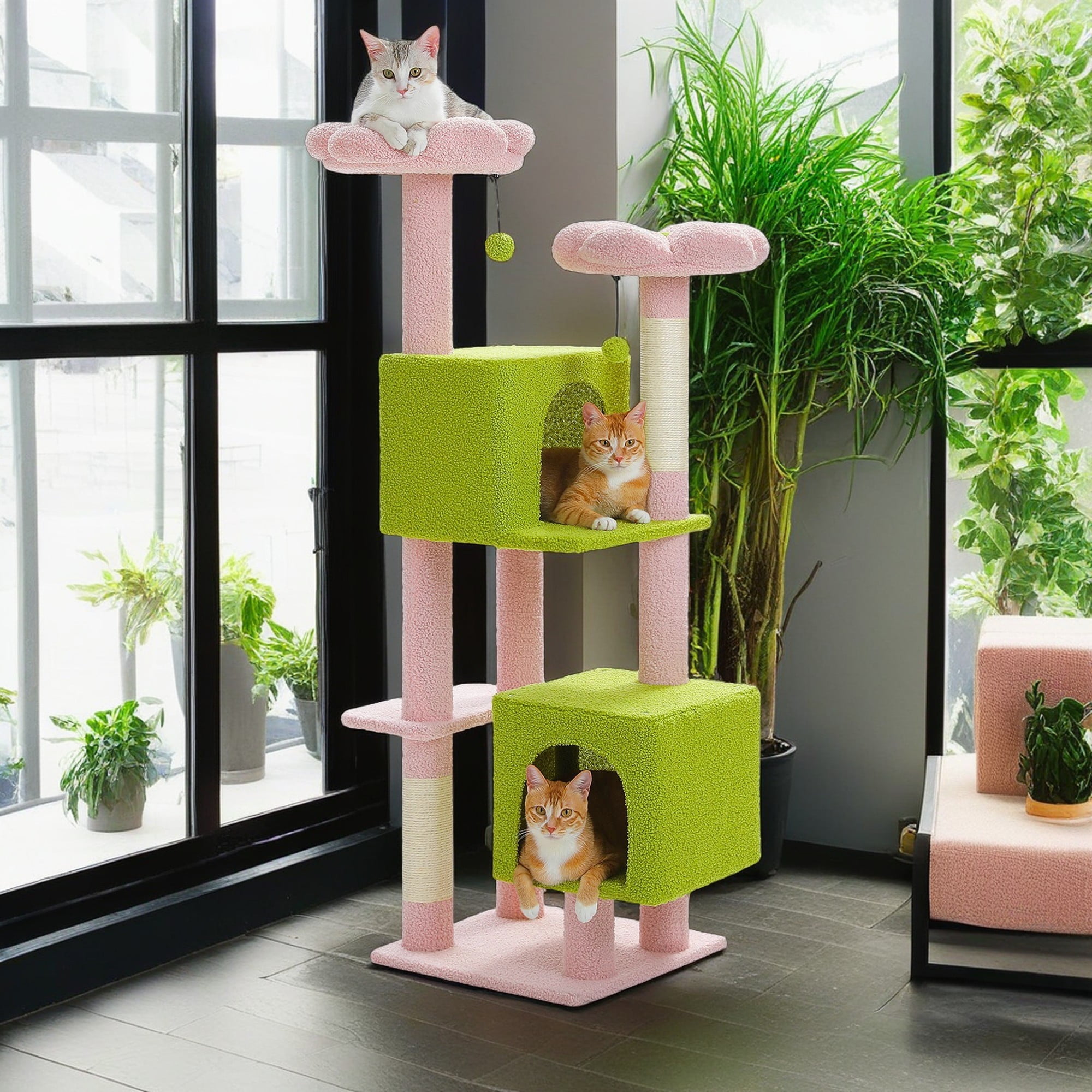 Kadyn 52" Multilevel Cat Tree Tower for Indoor Cats, Plush Flower Cat Tree House with 2 Padded Perches, 2 Condos and 2 Scratching Posts, Pink