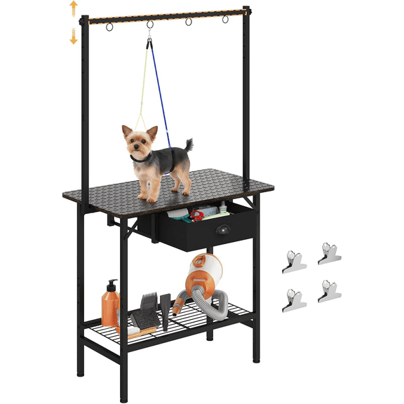 Dog Grooming Table with Drawers and Mesh Tray,32 Inch Adjustable Pet Grooming Table with Non-slip Removable Washable Mat and EVA Protective Lanyard ,Professional Grooming Table for small Dogs at Home