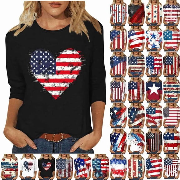 Pxxlle 250 Anniversary USA Flag Shirts for Women Plus Size 3/4 Sleeve 4th of July T Shirts Summer Casual Crewneck Tops for Independence Day S