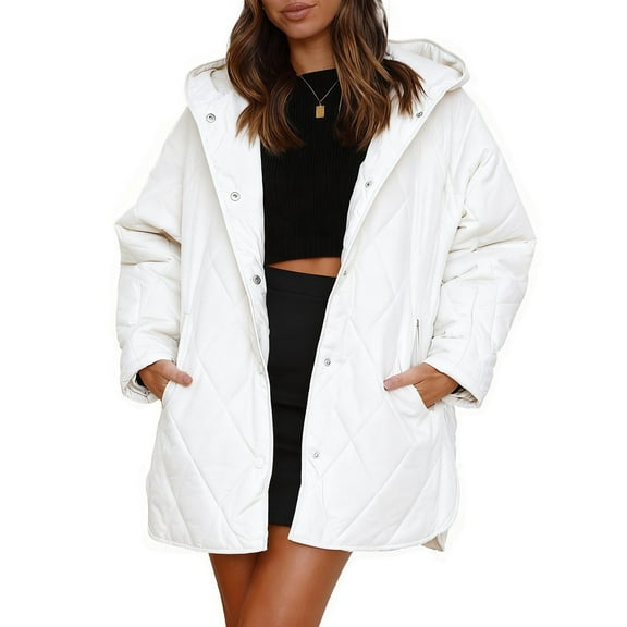 Ruimatai Women's Winter Quilted Snap Jacket with Hood, Solid Color Casual Long Sleeve Coat, Warm Polyester Puffer Coat for Daily Wear