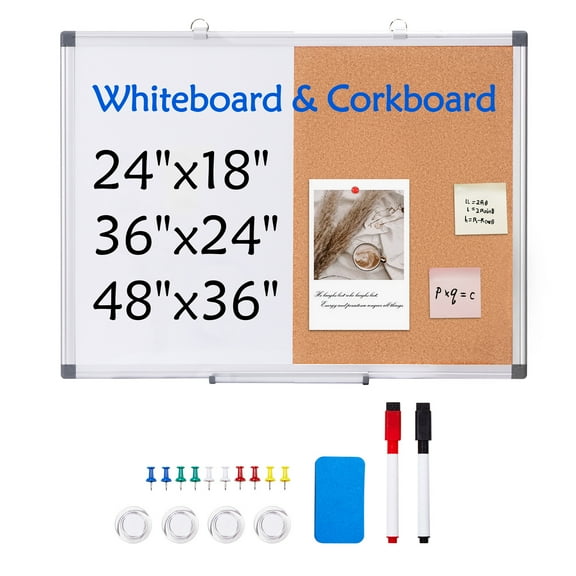 SKYSHALO 24"x18" Combo Whiteboard & Cork Board with Aluminum Border – Dual-Function Magnetic Dry Erase and Bulletin Board for Wall Installation – Suitable for School, Home, Office