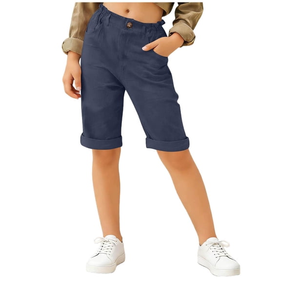QNANSPI Pants for Girls, Kids Fashion Shorts, Big Kids Girls Solid Color Linen-Like Pants Elastic Waist Straight Style Knee Length Casual Wear 5-16 Years