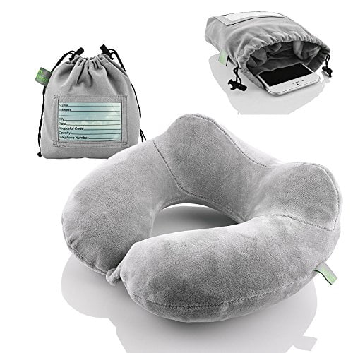 Inflatable Travel Neck Pillow: Extra-Soft, Cushion. For Airplanes, Trains, Cars, Portable Travel Accessory-With Carrying Pouch For cell phone and Passport Etc. (Grey)