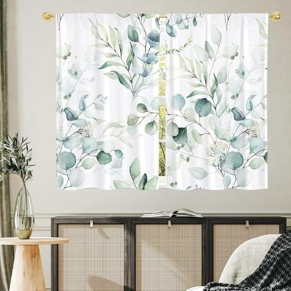 Boho Floral Kitchen Curtains - 40 Inch Length for Small Window Treatments, Blue Rod Pocket Top Tier Curtains for Bathroom, Closet Door Coverings, 2 Panels Set, 28x40