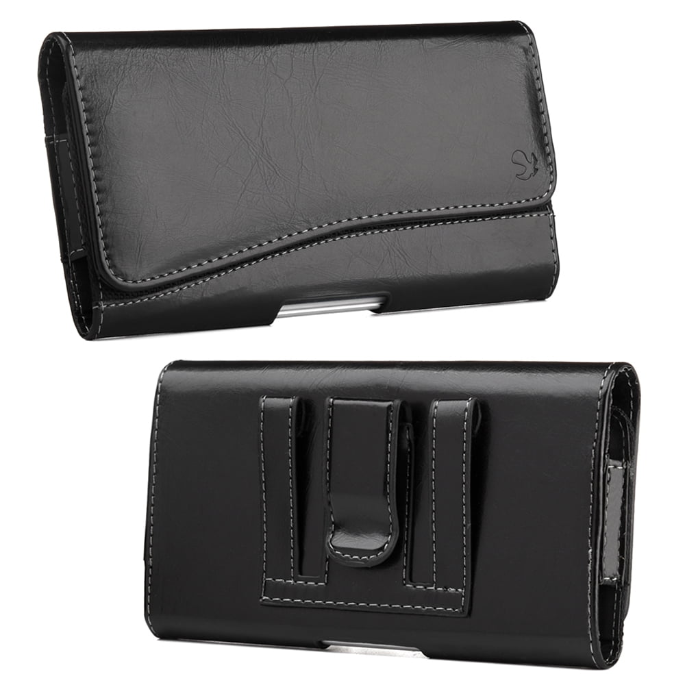 Universal 5.5' Horizontal Leather Belt Clip Holster Pouch Flip Carrying Holder Case with ID Card Holder, Belt Loops, Magnet for LARGE Cell Phone Pouch Cover [ Dimension: 6.2 x 3.5 x 0.7 inch ] BLACK
