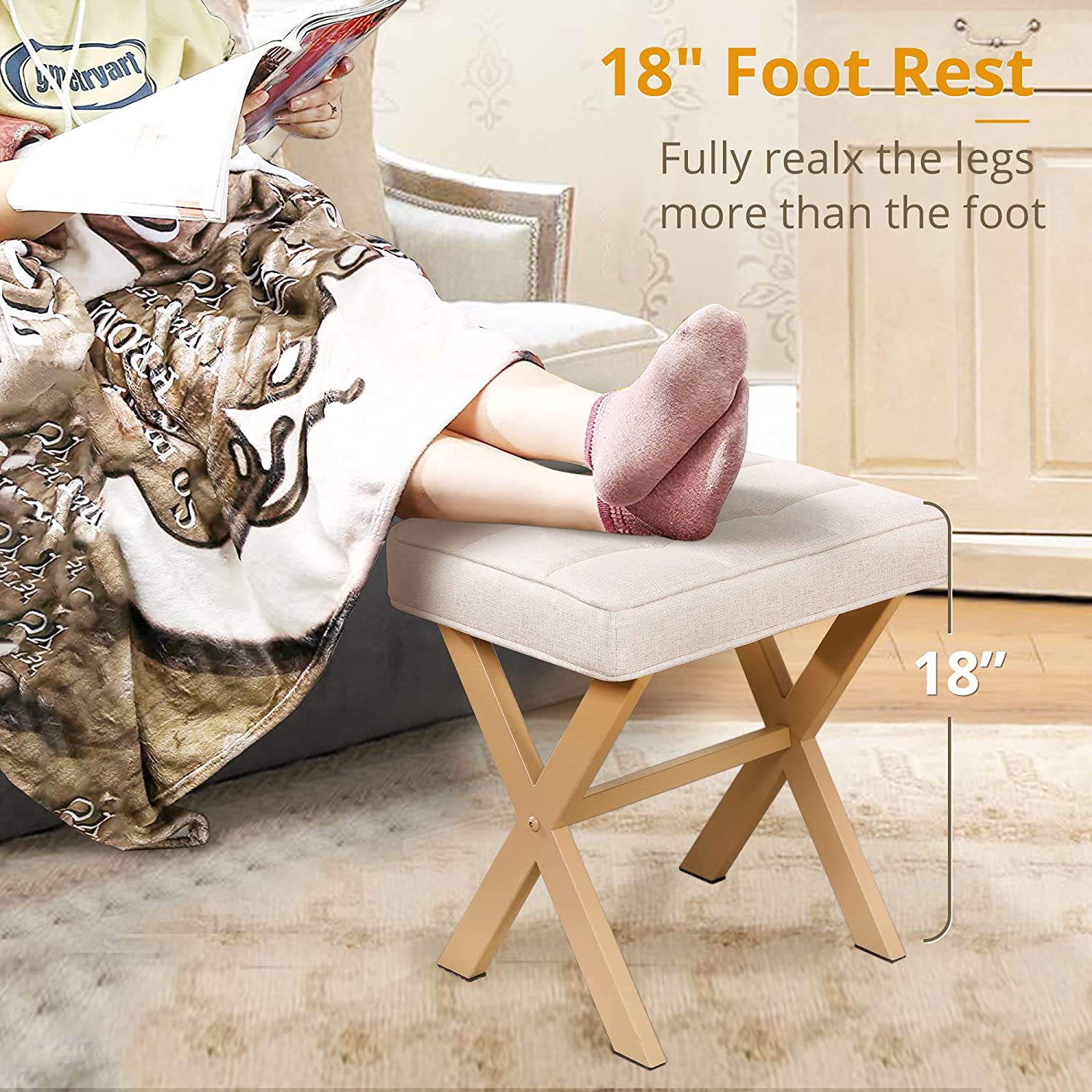 Dycanpo Vanity Stool with Metal X Legs, Sand photo 7