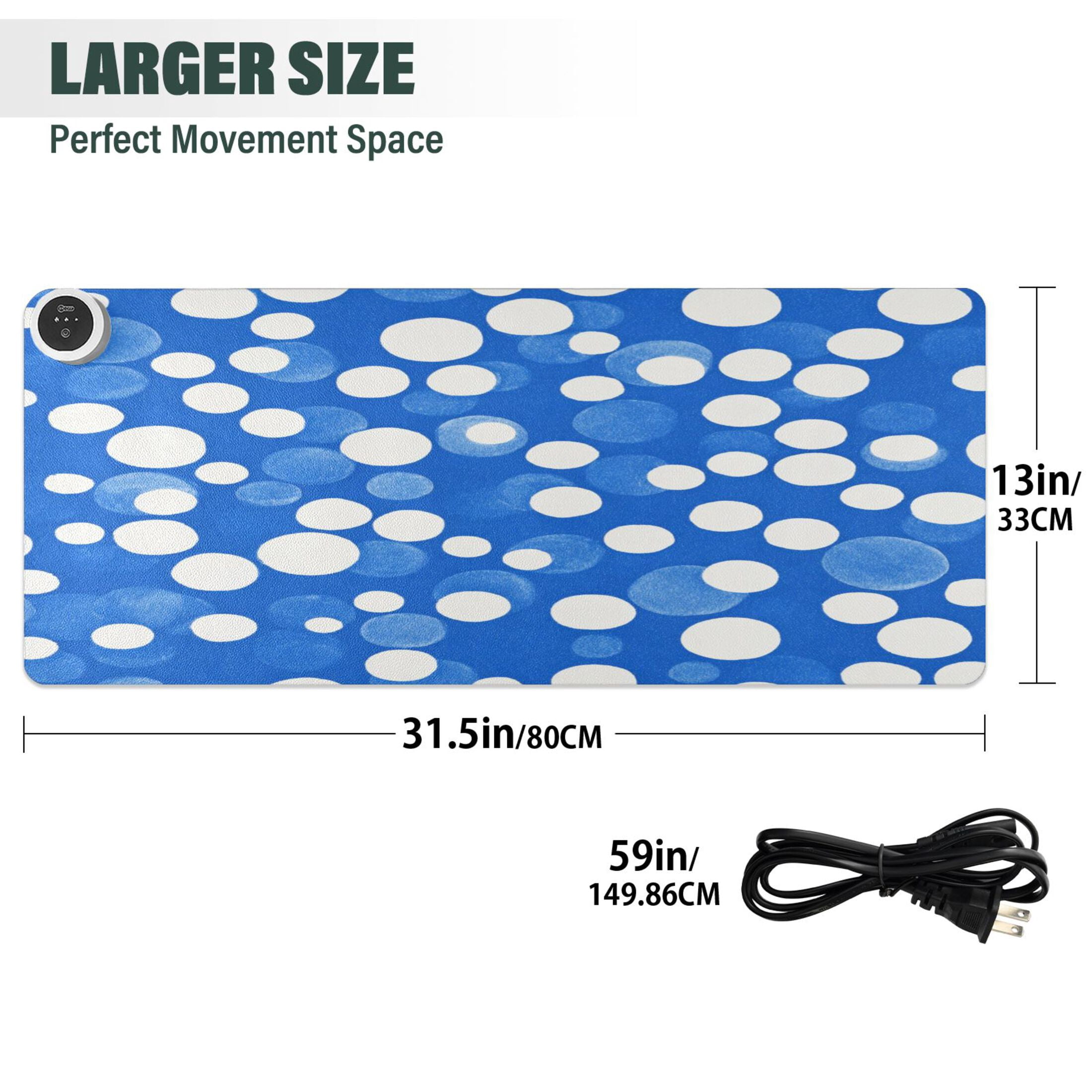Large Heated Desk Mat Mouse Pad 31.5"x13"PU Leather Graphene Heating Desk Warmer with 3 Temperature Settings 110V US Plug Non-Slip Warm Pad for Home, Office, and Gaming Blue White Polka Dot