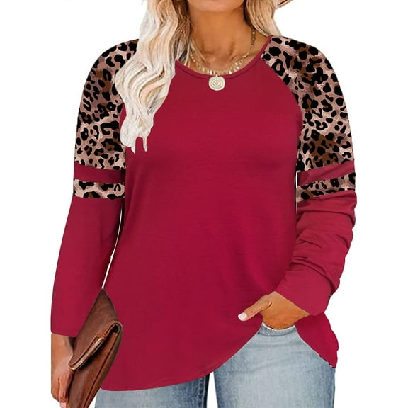 TIYOMI Plus Size Tunics For Women 2X Leopard Crewneck Color Block Autumn Fall Winter T Shirt Casual Raglan Long Sleeve Red Tops Casual Blouses Tee 2XL 18W 20W