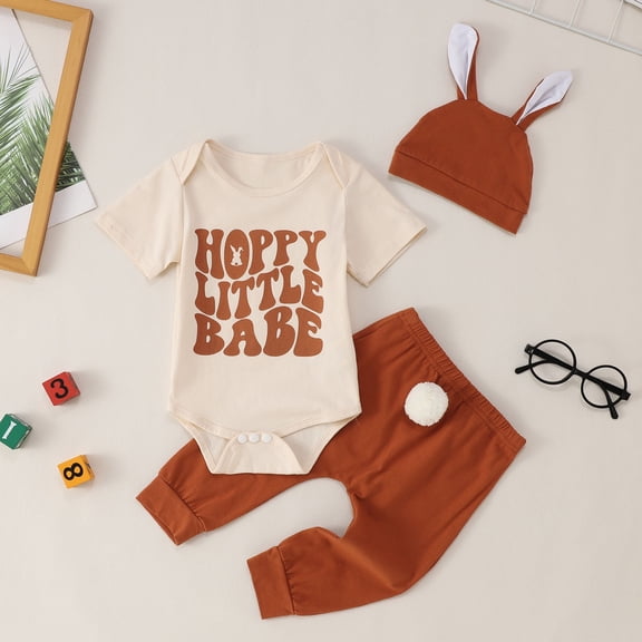 Conairie Newborn Baby Boy Easter Outfit Letter Short Sleeve Romper Bunny Carrot Long Pants Hat 3PCS Set Infant Spring Outfits Khaki 6 M-12 M