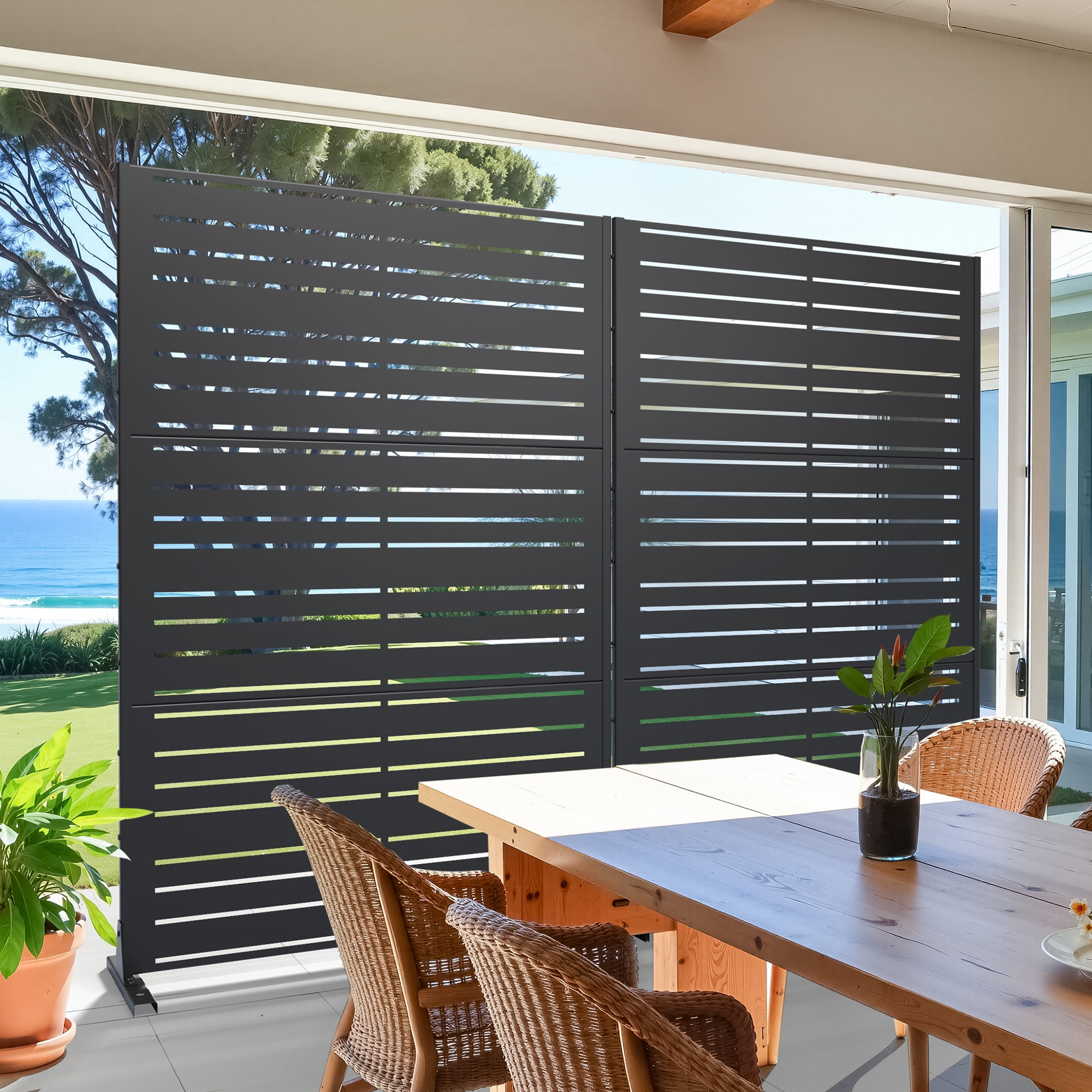 MAYEERTY 72"x47" Outdoor Privacy Screen Freestanding Metal Room Dividers Balcony Decorative Screen,Black
