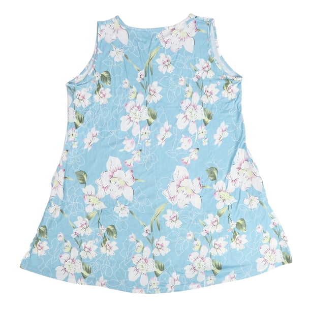 Women Sleeveless Dress Round Neck Floral Printing Summer Beach Dress with Side Pockets Light Blue XXL