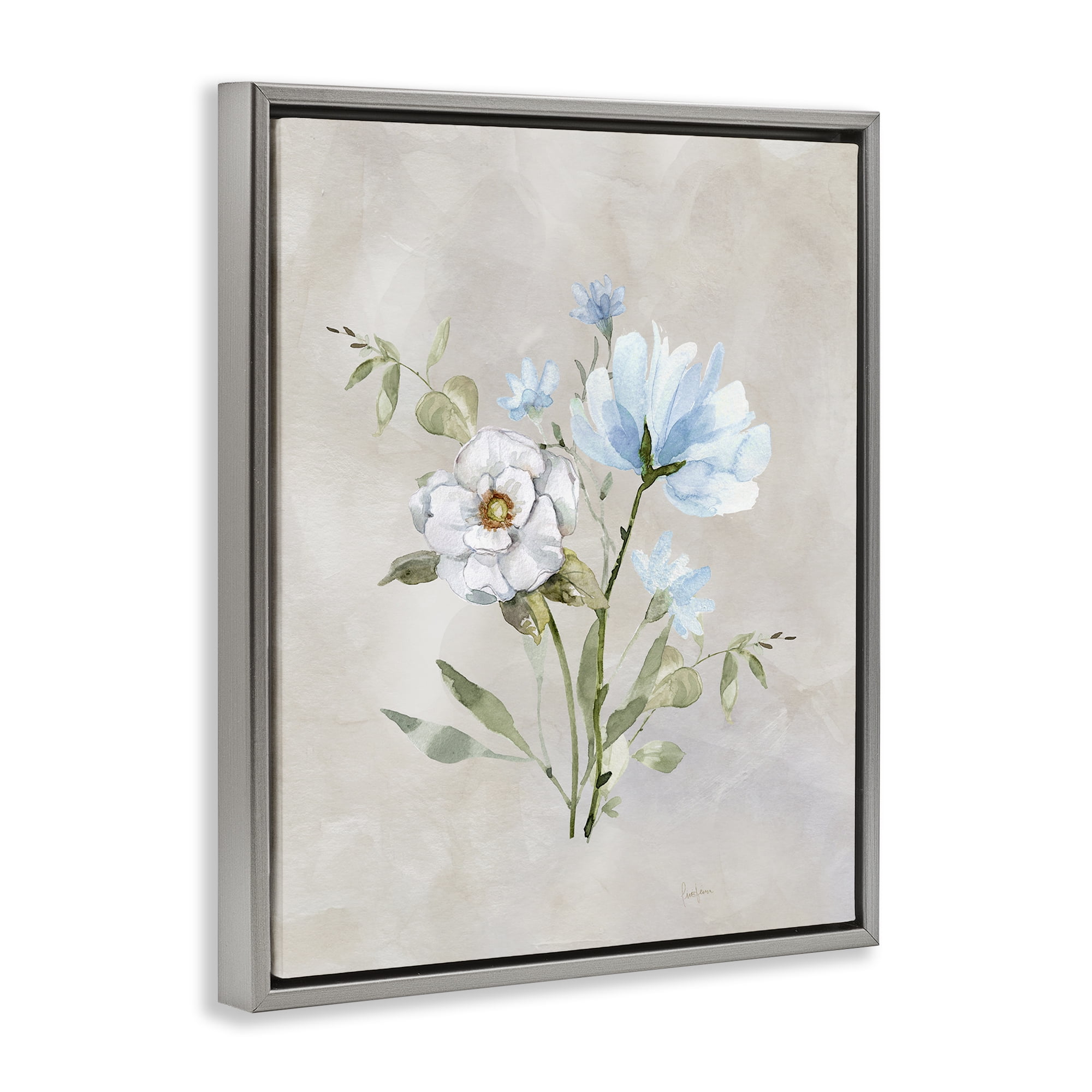 Stupell Industries Blue & White Herbs Plants & Flowers Painting Gray Floater Framed Canvas Art Print Wall Art, 25 x 31