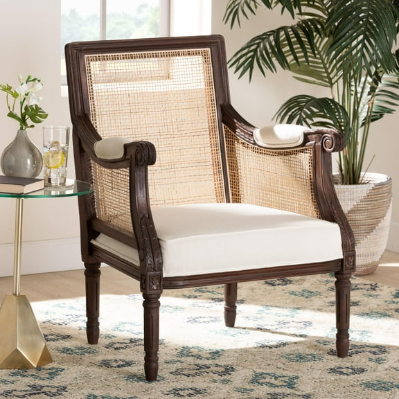 bali & pari Desmond Rattan and Bayur Wood French Provincial Accent Chair, Dark Brown