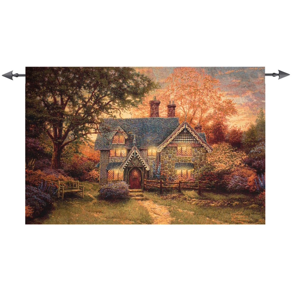 English Stone Cottage Cotton Wall Art Hanging Tapestry 35" x 53