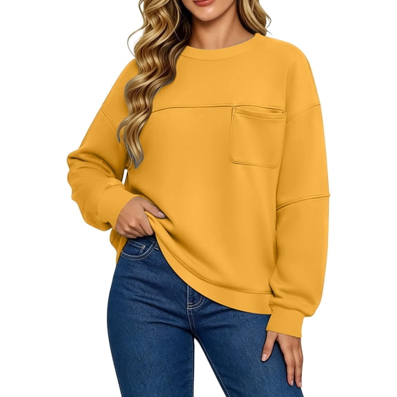 TEAJOPSUU Womens Crewneck Sweatshirts Chest Pocket Long Sleeve No Hood Sweatshirts Relaxed Fit Casual Fall Winer Pullover for Everyday Gym Yoga Yellow