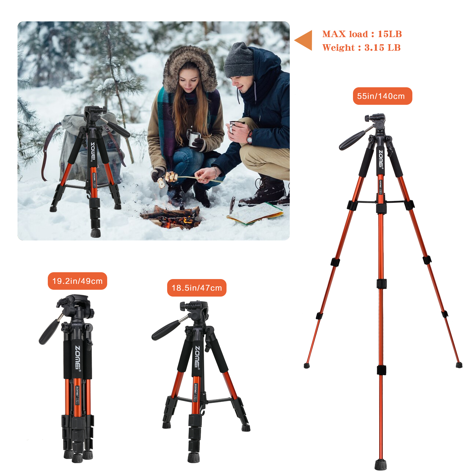 ZOMEI 55 "camera tripod with travel bag, professional aluminum portable tripod stand with phone tripod stand and 1/4" screw for phone/camera/projector/DSLR/DSLR camera