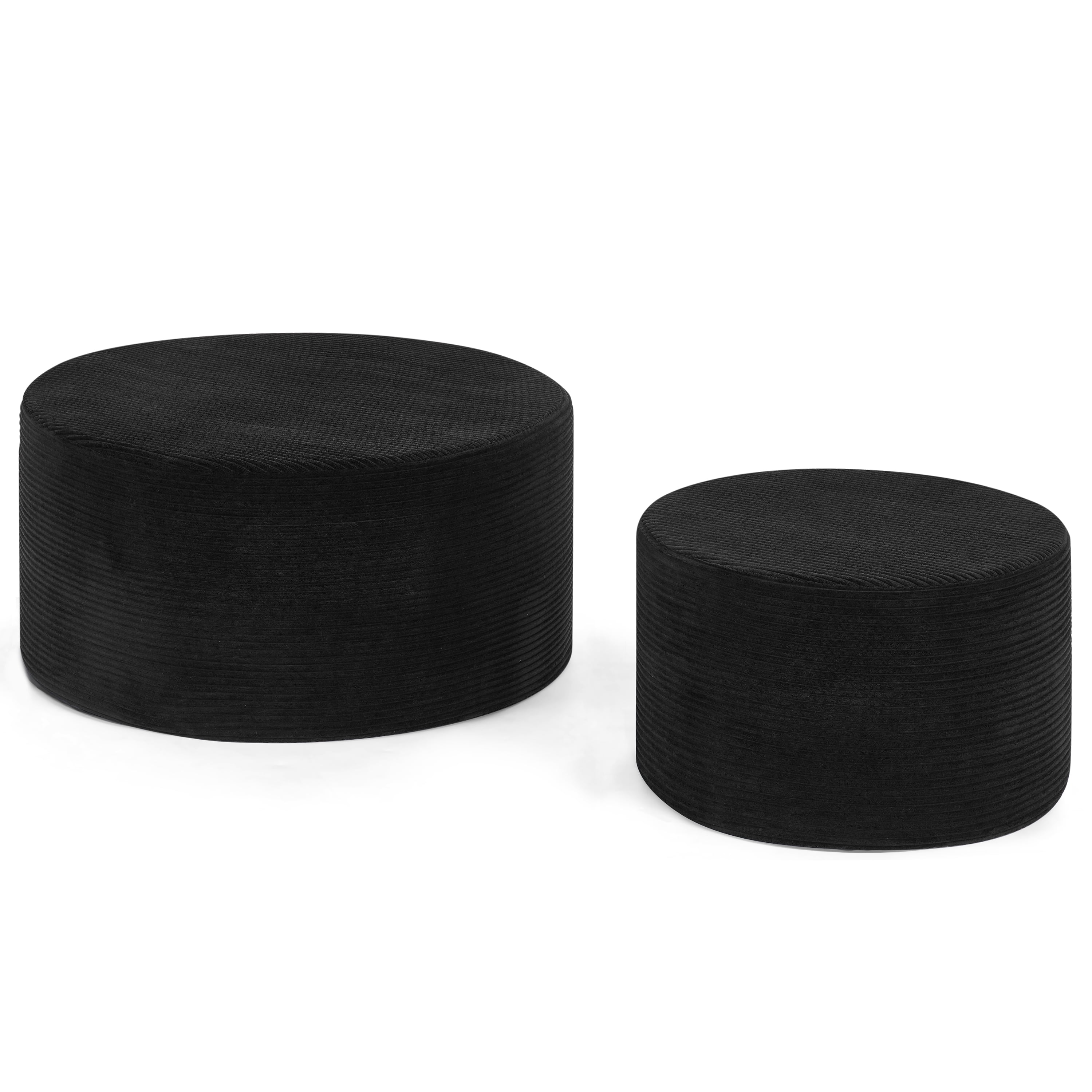 Aukfa 2-Piece Round Ottoman Set, Upholstered Coffee Table & Nesting Footrest Stools for Living Room, Bedroom, Black