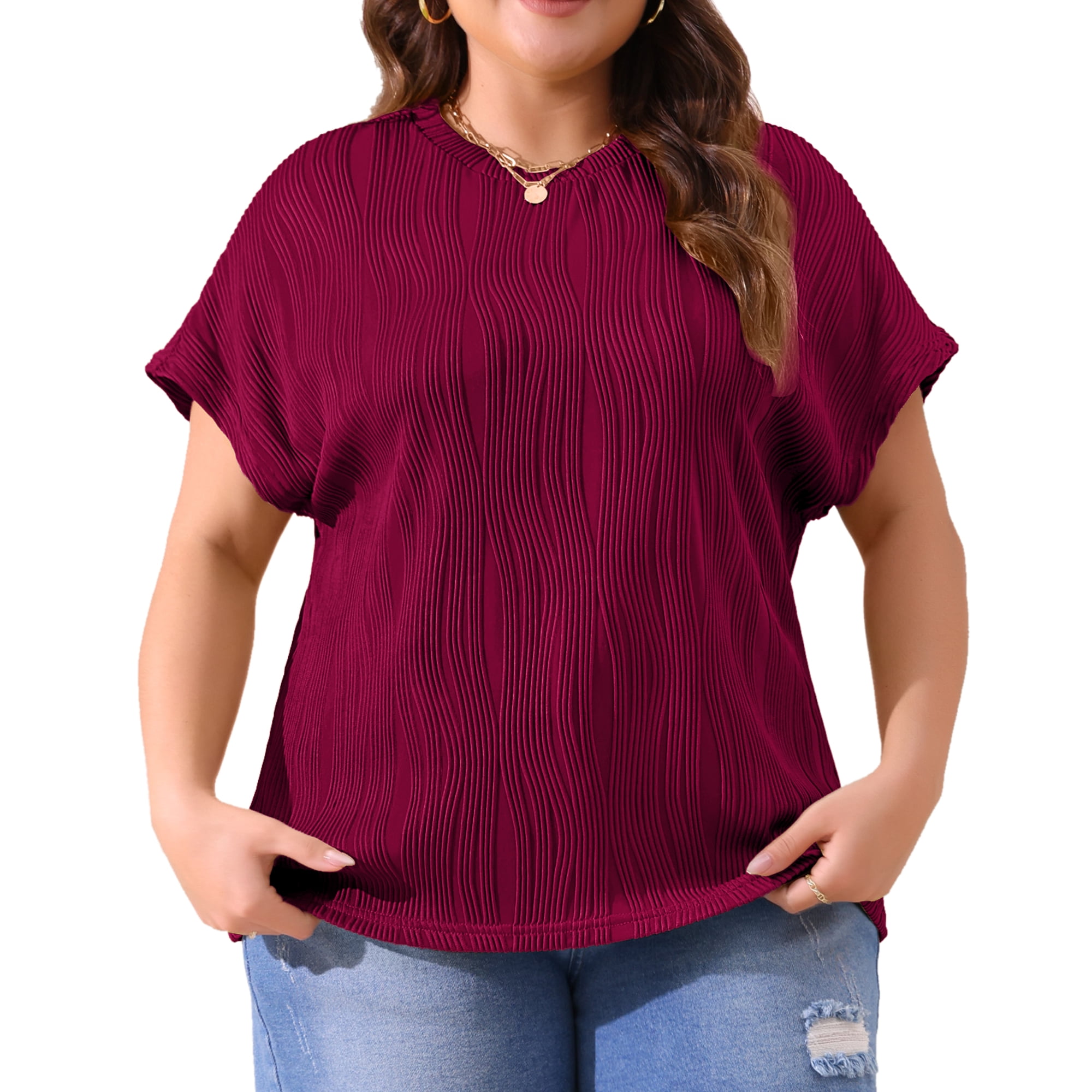 Women's Plus Women's Short Sleeve Textured Tops Crewneck Casual T Shirts 1X Burgundy