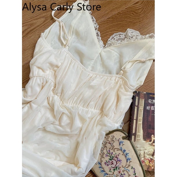 French Sweet Vintage Fairy Dress Women 2022 Autumn Lace Sexy Casual Korean Dress Female Court Chiffon Elegant Long Strap DressesS Gao Jinjia LED