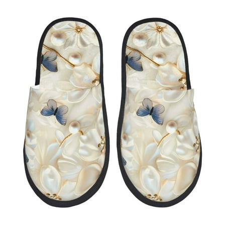 Balery Elegant Butterflies And Pearls Slient Indoor Furry Fleece Comfort House Shoes Soft Non-Slip Home Shoes Cotton slippers House Slippers-- Large