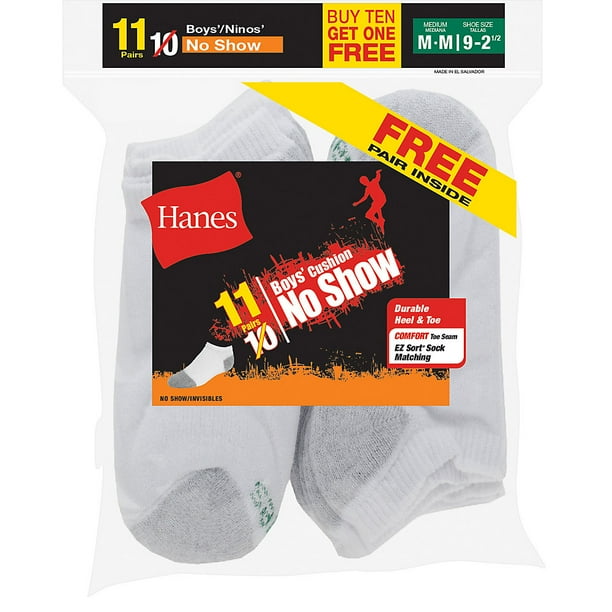 Hanes Boys' No Show Sock, 10 Pack Plus 1 Bonus