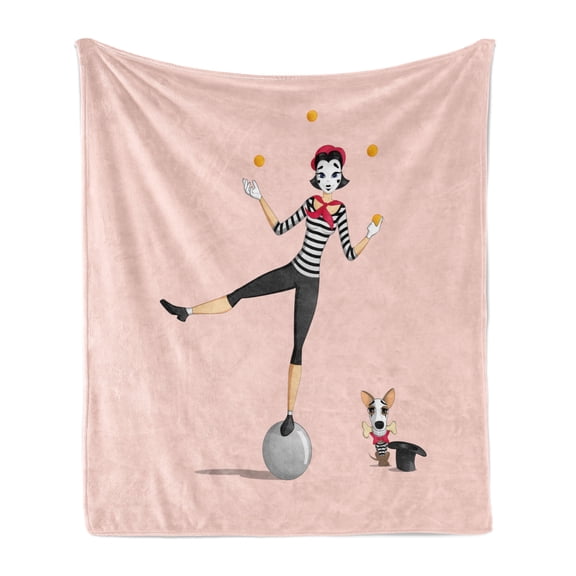 Cartoon Soft Flannel Fleece Throw Blanket, Mime Performing Girl Pantomime Juggling with Puppy Illustration, Cozy Plush for Indoor and Outdoor Use, 70" x 90", Rose Dark Grey, by Ambesonne