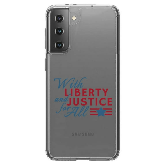 DistinctInk Clear Shockproof Hybrid Case for Galaxy S21 5G (6.2" Screen) - TPU Bumper Acrylic Back Tempered Glass Screen Protector - With Liberty and Justice For All