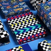 Race Car Reversible Wrapping Paper Mini Roll, Race Track and Checkered Flag Design, Perfect for Kids and Boys Birthdays, 17" x 33'(46.7 sq. ft)