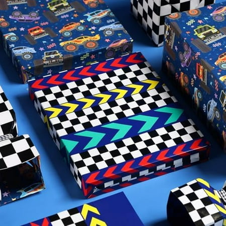 Race Car Reversible Wrapping Paper Mini Roll, Race Track and Checkered Flag Design, Perfect for Kids and Boys Birthdays, 17" x 33'(46.7 sq. ft)