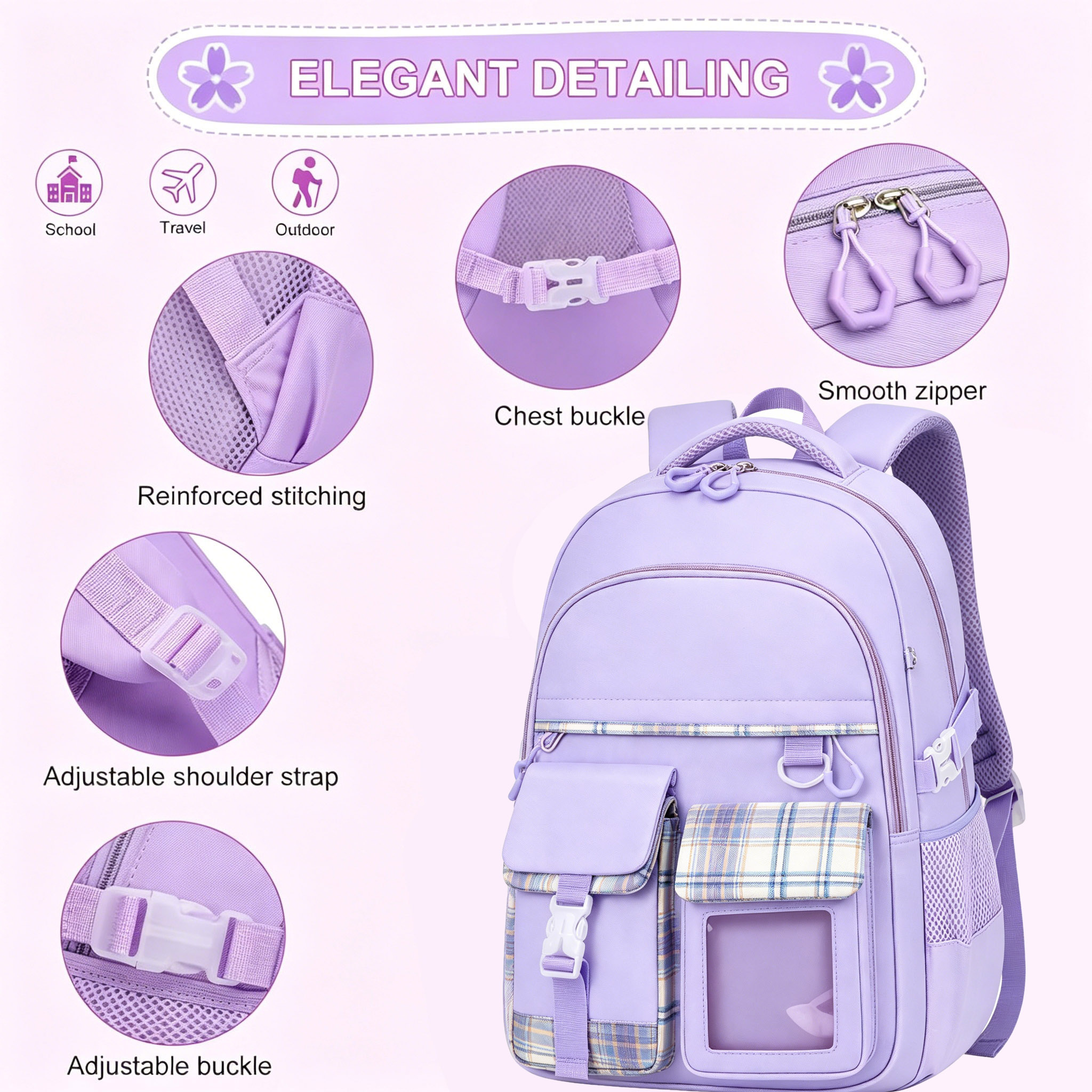 Mochila escolar para adolescentes, gran capacidad, moderna, ligera, impermeable, para primaria y secundaria, regalo, morada 5