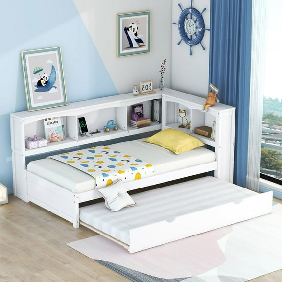 MODERNLUXE Wood Twin Size Platform Bed with Trundle, Storage Daybed with Cabinets and USB Ports, White