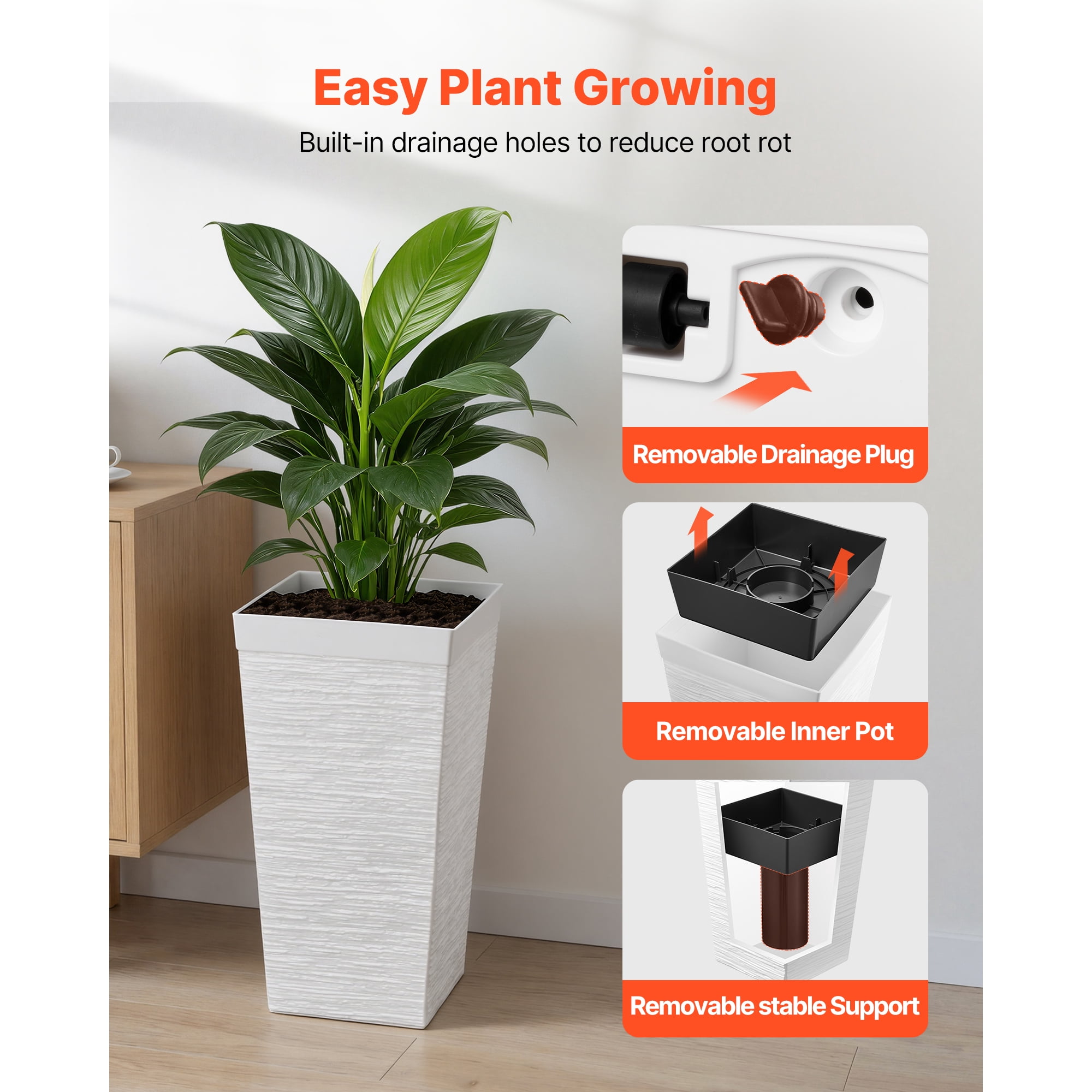 KFFKFF Set of 2 Tall Planters, 23in Large Tapered Pots for Indoor and Outdoor Use, Modern Plastic Flower Containers with Wheels, Inner Pot, and Drainage Holes for Patio, Garden, and Porch, White