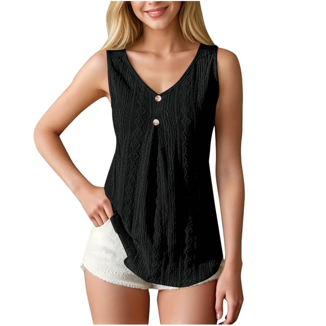 Timegard Womens Eyelet Tank Top V Neck Sleeveless Button Tunic Top Solid Color Comfy Tee Summer Travel