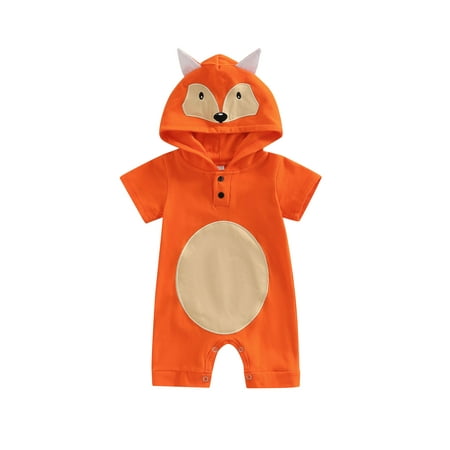 

Bagilaanoe Newborn Baby Baby Jumpsuit 3M 6M 12M 18M 24M Cartoon Fox Embroidered Casual Short Sleeve Playsuit Button Hooded Long Romper