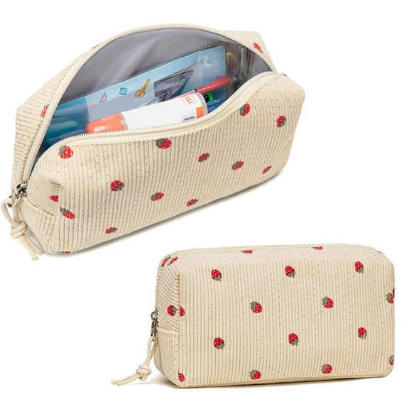 Beige Corduroy Large Capacity Pencil Case, Cute Strawberry Pencil Zipper Pouch, for Teacher Stationery, Women Makeup Supplies Organizer