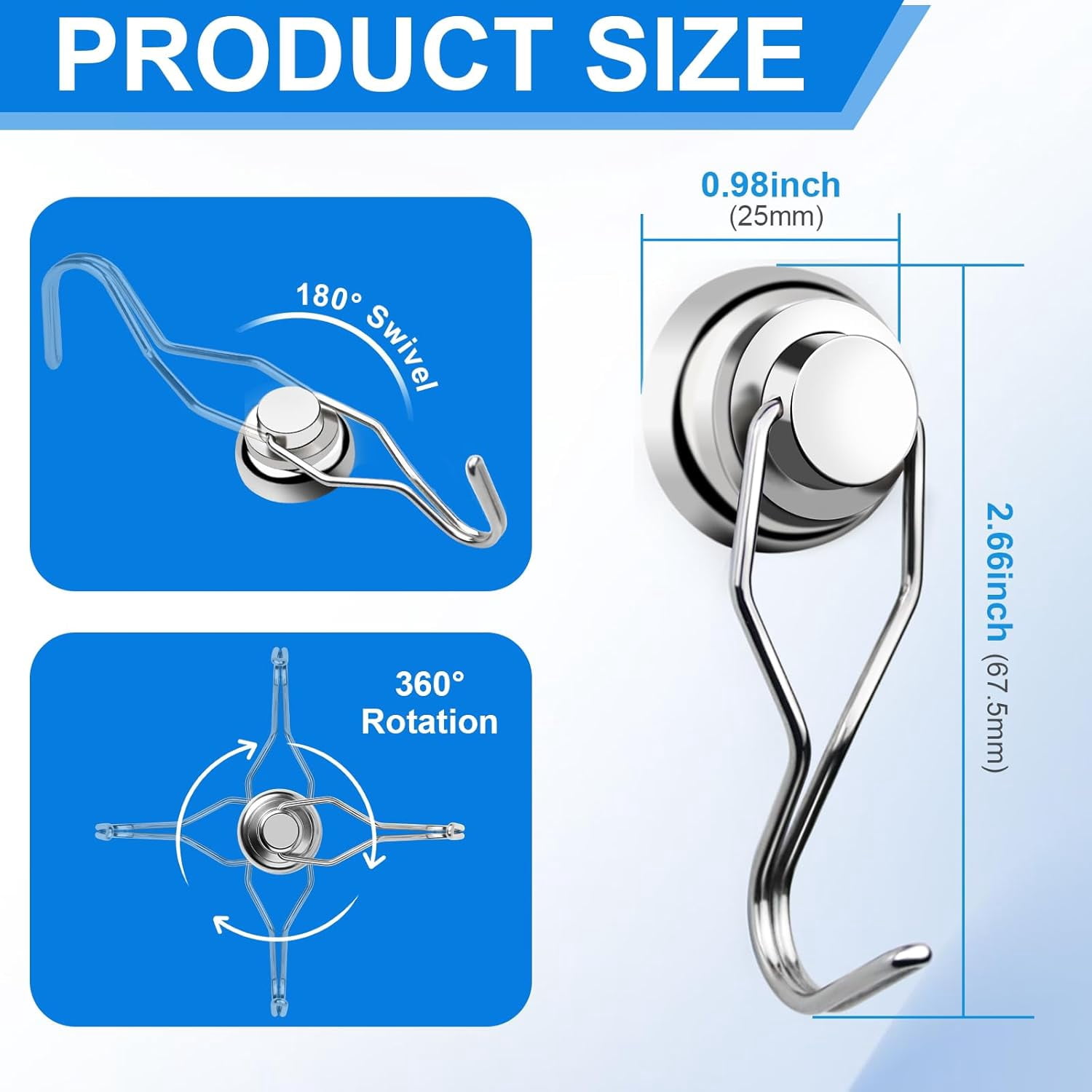 Magnetic Hooks,80LB+ Magnet Hooks Heavy Duty with Swivel Swing 10 Pack Strong Neodymium Magnetic Hook for Cruise Cabins Refrigerator Hanging Garage Workshop Office and Kitchen Silver