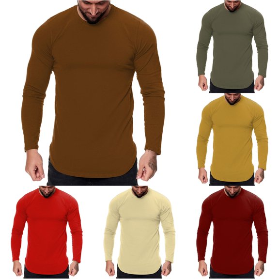 Mens Fashion Casual Sports Fitness Outdoor Curved Solid Color Round Neck Long Sleeve T Shirt Top Comfy Tee Tshirts for Men