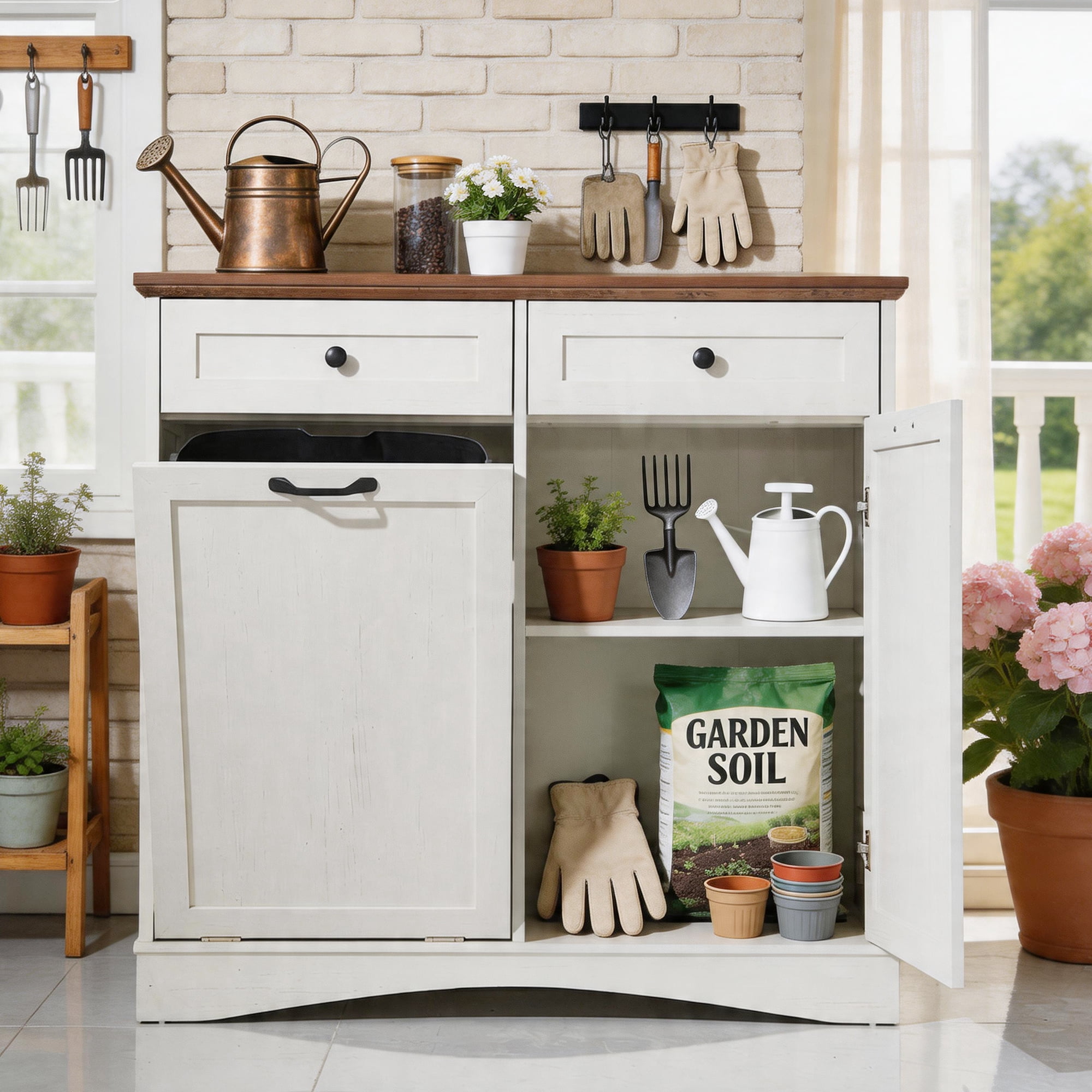 AHB 13 Gallon Single Tilt Out Trash Cabinet with Shelf, Kitchen Trash Can Storage Organizer, 39.4"L x 14"W x 38.3"H, White